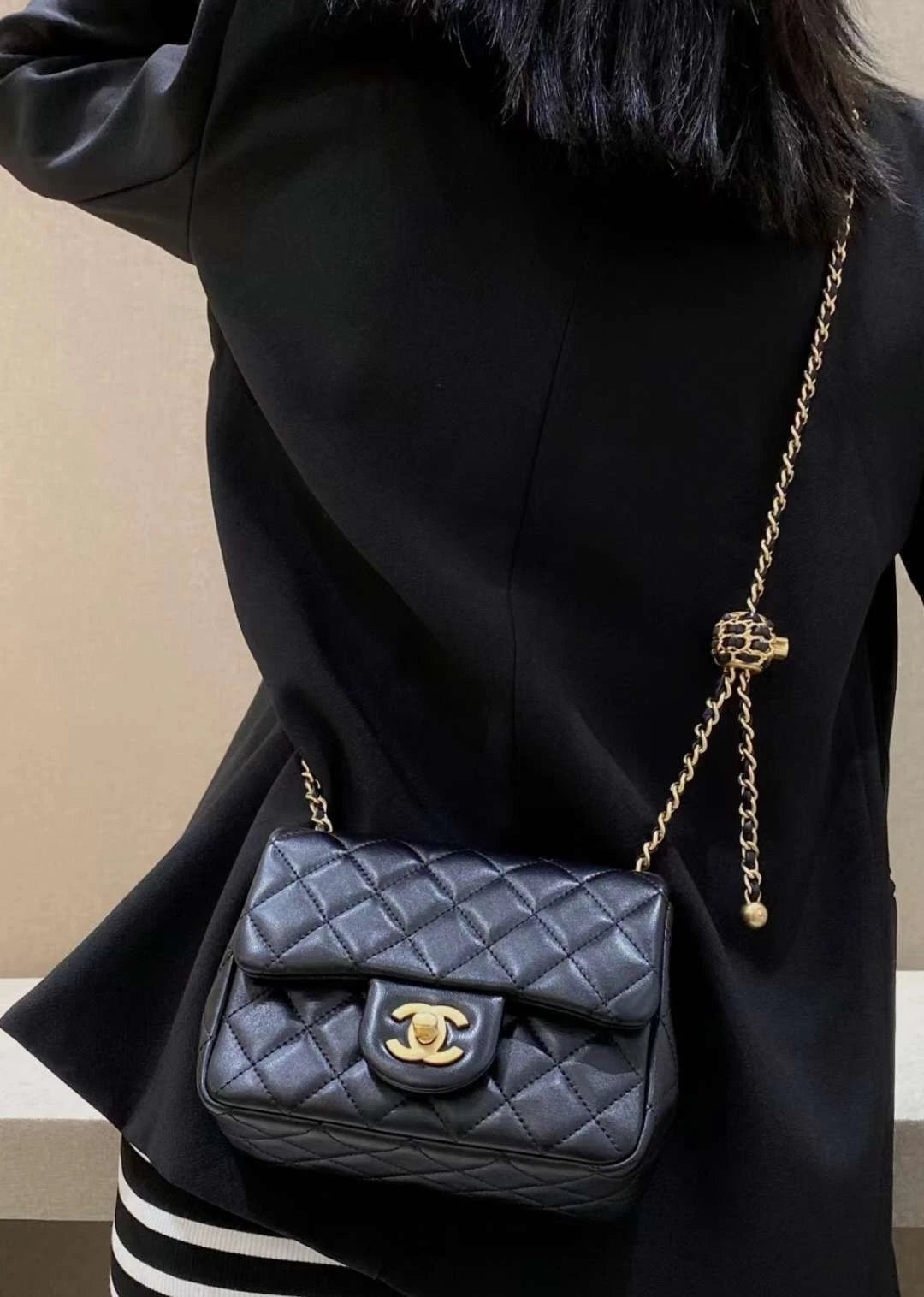 CHANEL Black Lambskin Gold Chain Square Crossbody Bag For Women