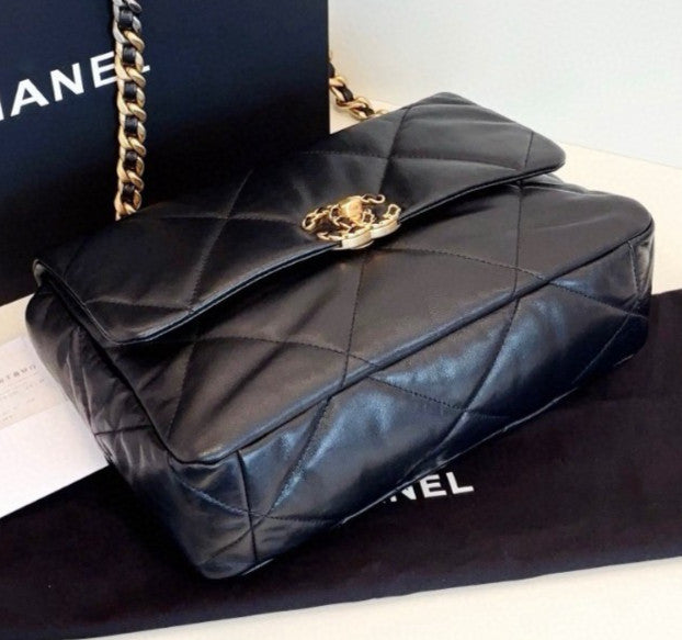 Chanel 19Bag MM Chain Top Handle Shoulder Bag Black Gold Women Classic Fashion