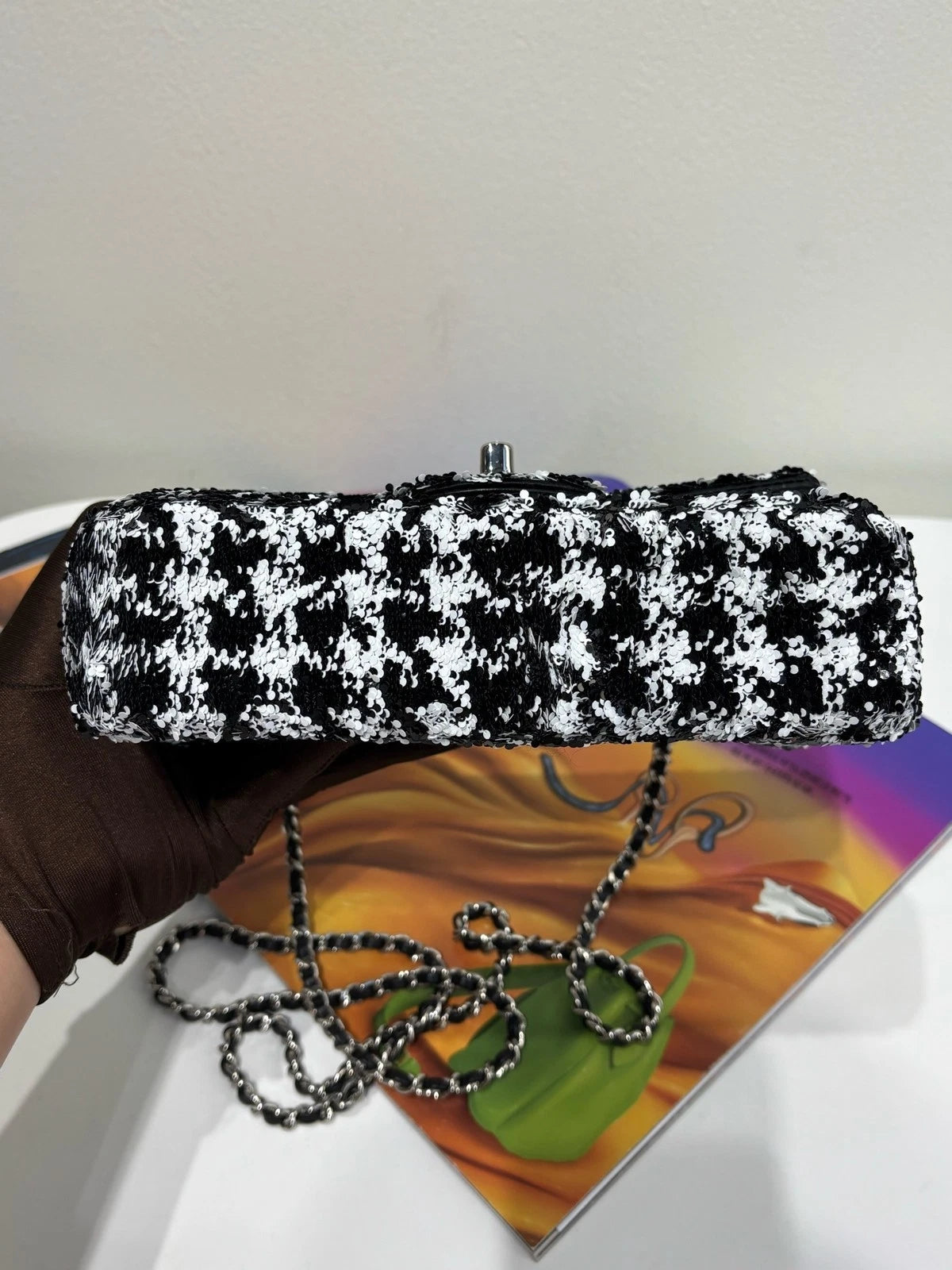 CHANEL CF Large Mini Houndstooth Sequin Shoulder Bag For Women