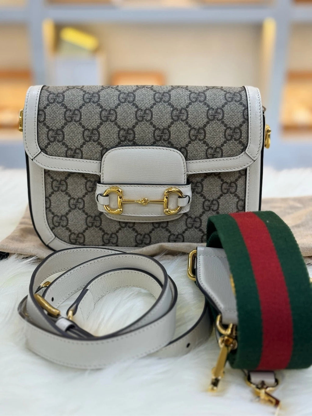 GUCCI 1955 Horsebit Small Saddle Bag White Leather For Women