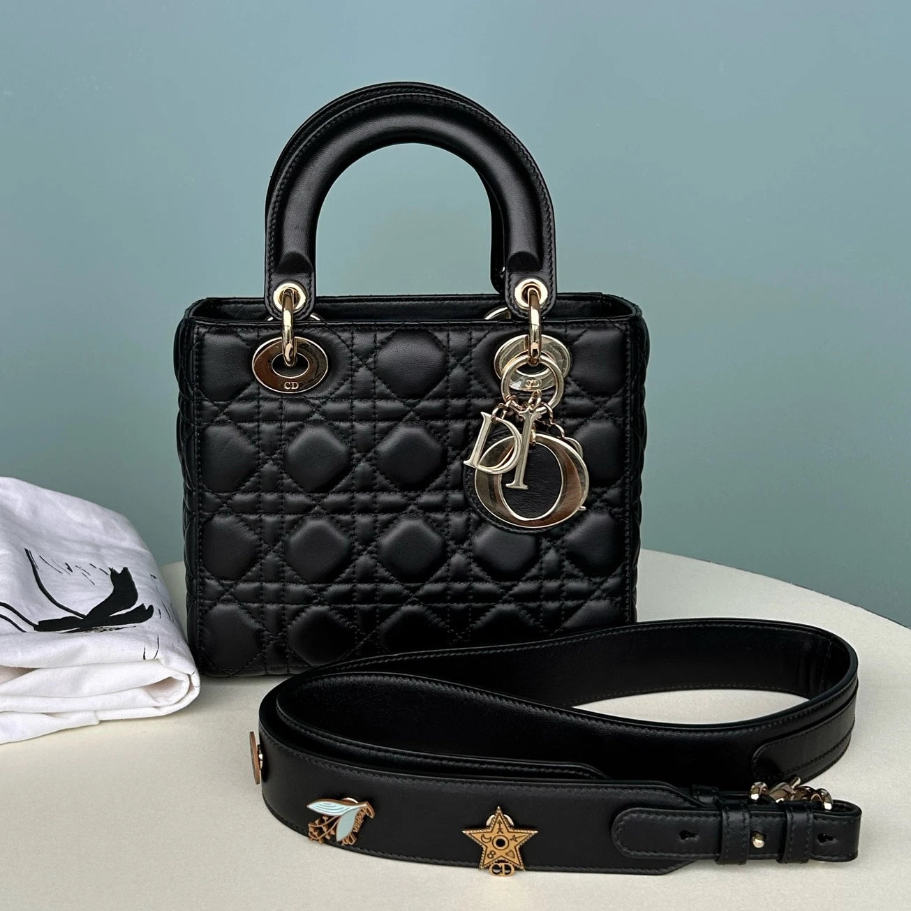 Dior Lady Dior Lambskin Black Gold Crossbody Top Handle Excellent