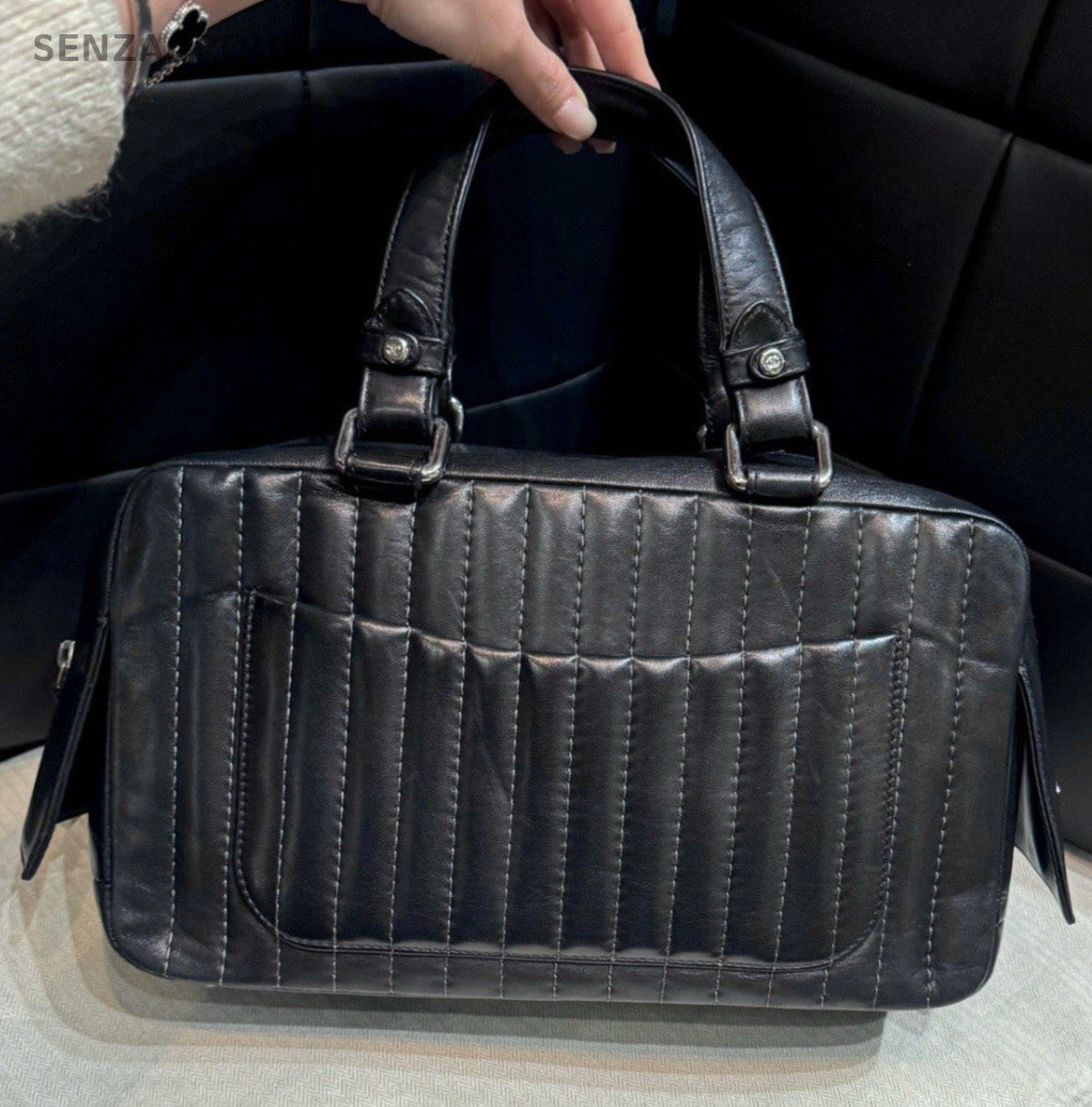 Chanel Bolide Lambskin Top Handle Bag Black Silver Women Classic