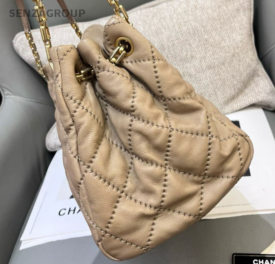Chanel Diamond Chain Shoulder Bag Beige Gold Used Women Classic