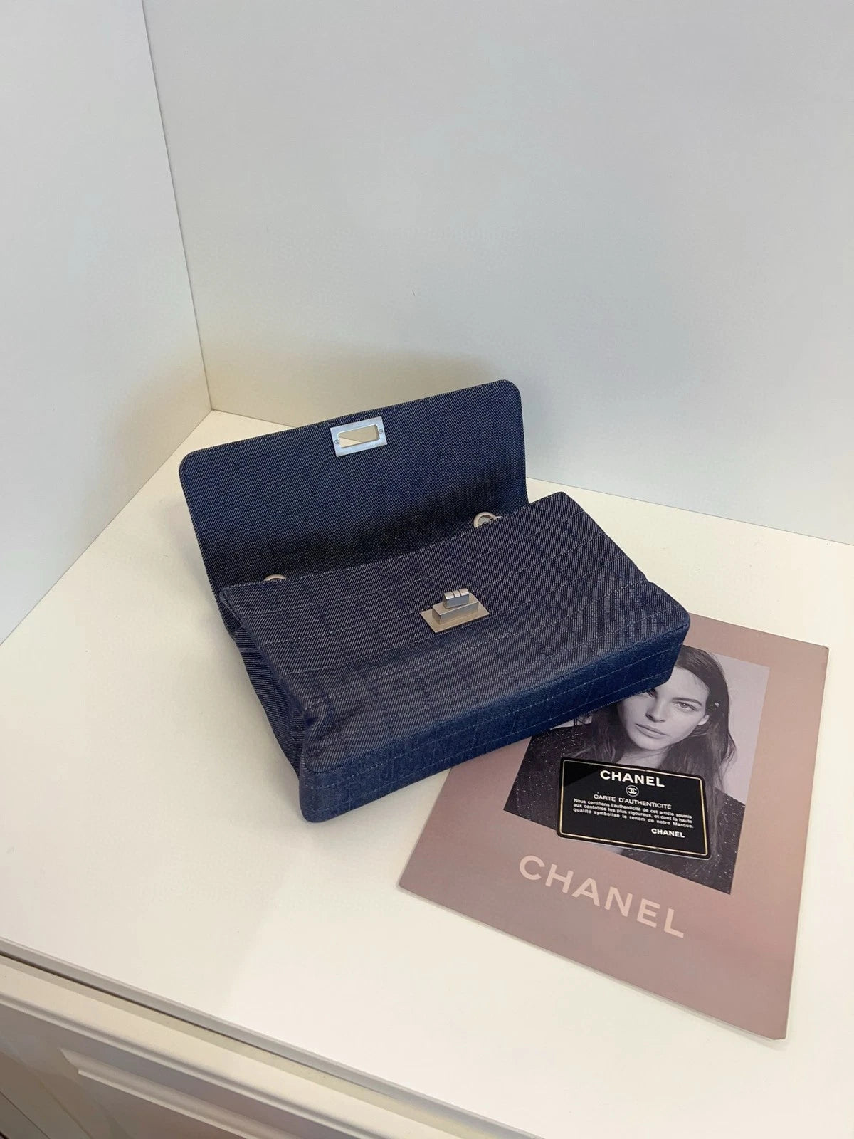 CHANEL Grey-blue Denim 2.55 Flap Chain Shoulder Bag For Women