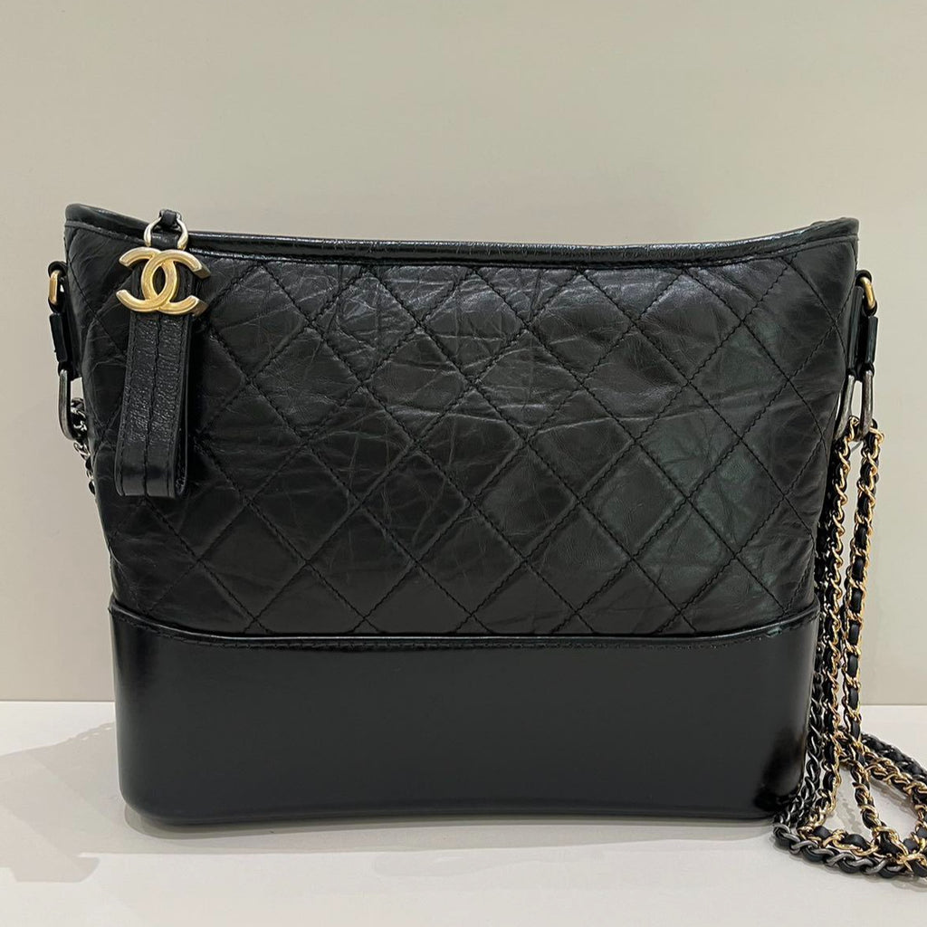 Chanel Gabrielle Medium Chevron Chain Shoulder Bag Black Gold Women's
