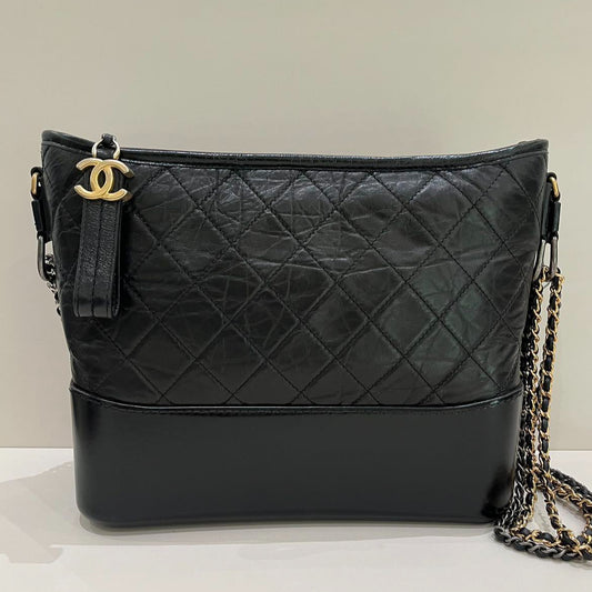 Chanel Gabrielle Medium Chevron Chain Shoulder Bag Black Gold Women's