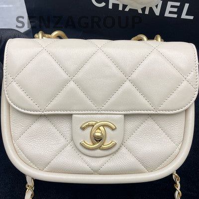 Chanel Beige Quilted Saddle Bag with Gold Chain Strap - Classic Women's
