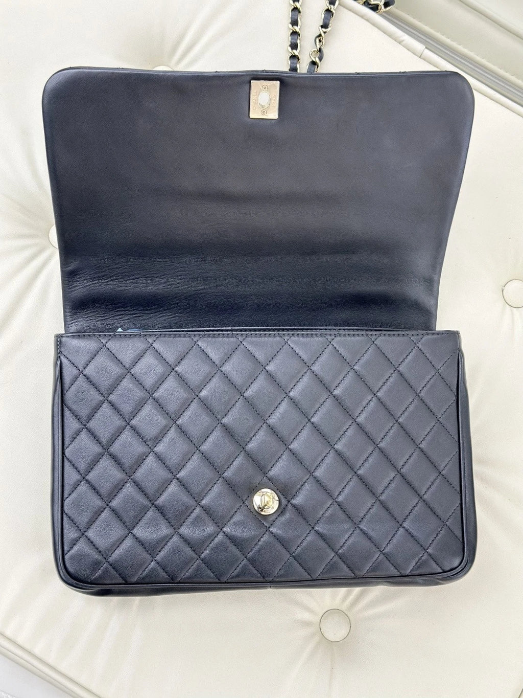 Chanel Lambskin GM Chain Shoulder Bag Top Handle Bag Black Gold Women Diamond S