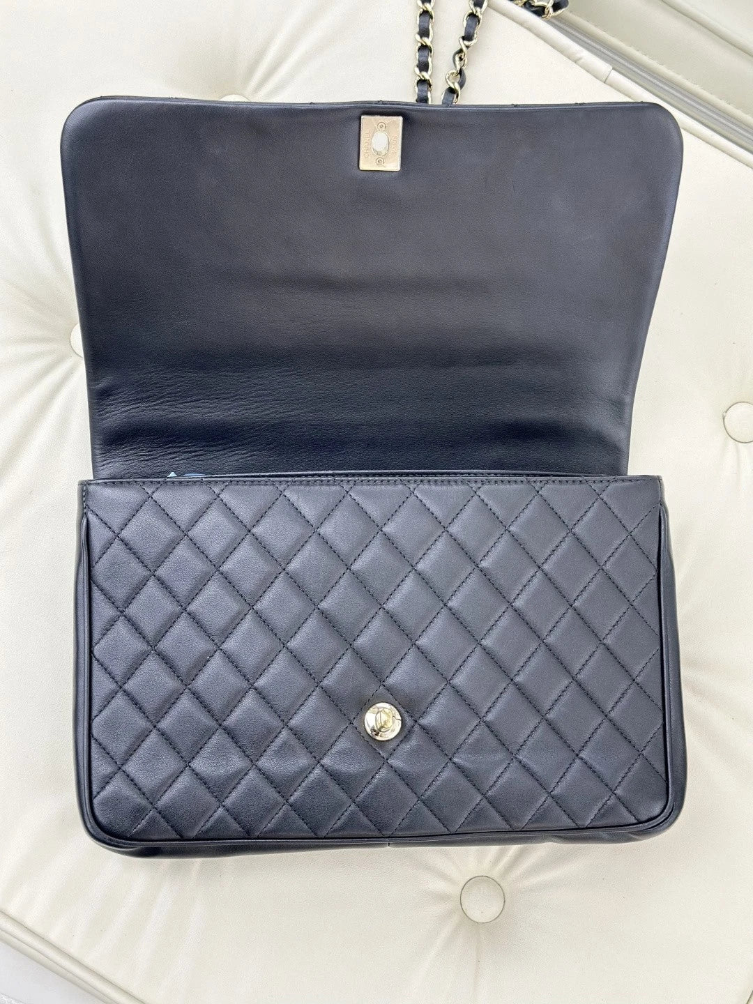 Chanel Lambskin GM Chain Shoulder Bag Top Handle Bag Black Gold Women Diamond S