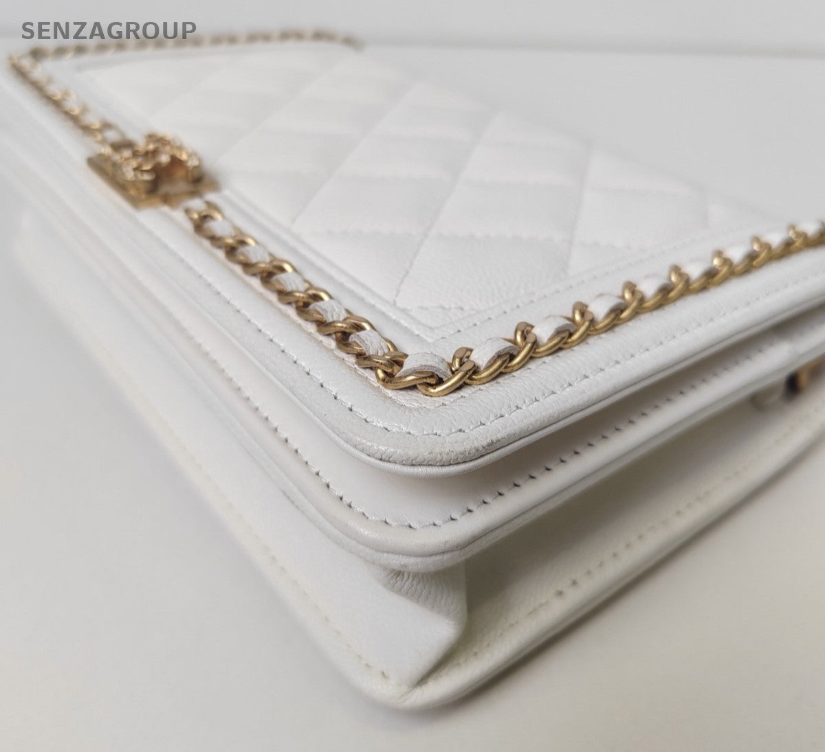 Chanel Leboy WOC Chain Shoulder Bag Crossbody White Gold Diamond Women Classic