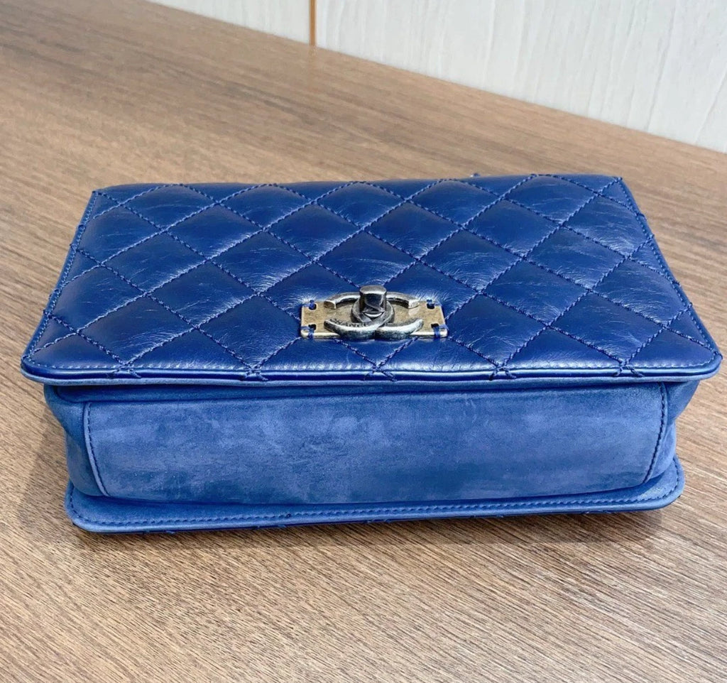 Chanel Diamond PM Turn Lock Blue Chain Sliver Hardware Shoulder Bag Women