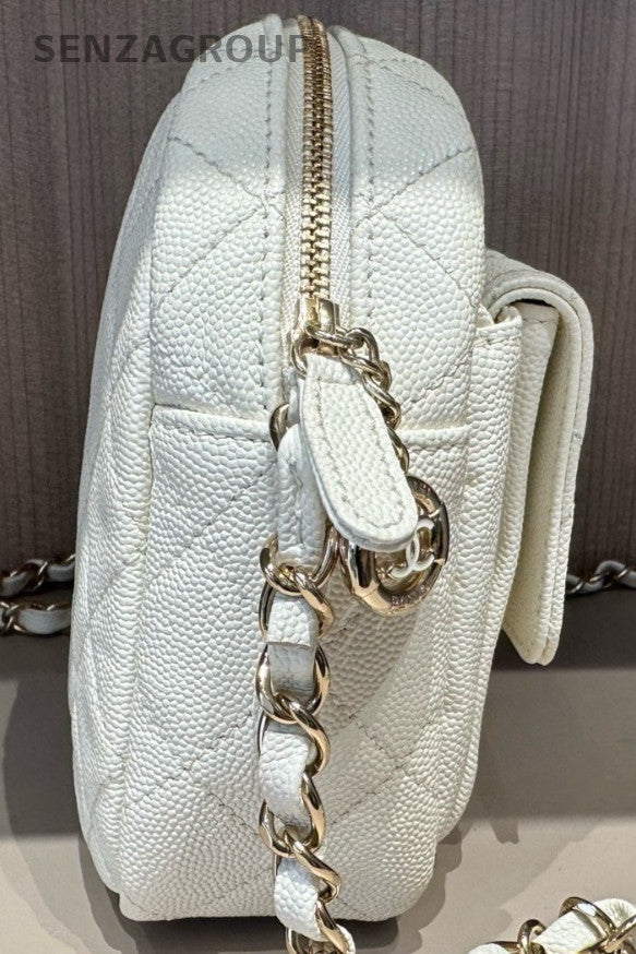 Chanel Diamond Pattern Chain Shoulder Bag Crossbody White Gold Women Classic