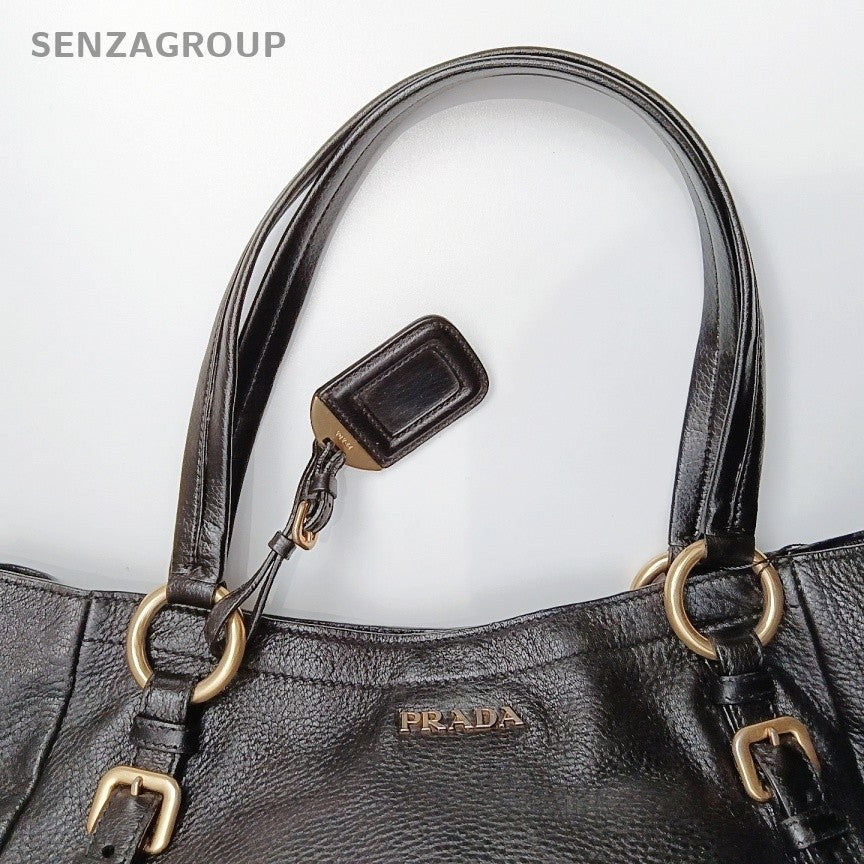 Prada Calfskin Tote Shoulder Bag Black Gold Used Women Classic Fashion
