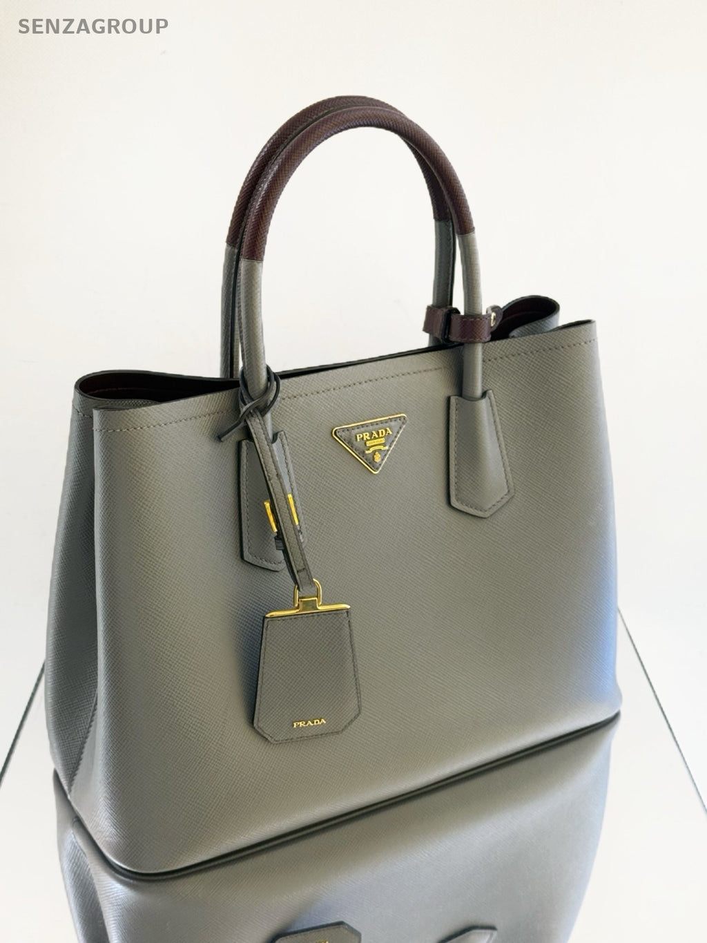 Prada Double Classic Cross-Grain Calfskin Top Handle Shoulder Crossbody Bag Gray