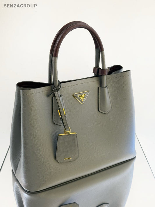 Prada Double Classic Cross-Grain Calfskin Top Handle Shoulder Crossbody Bag Gray