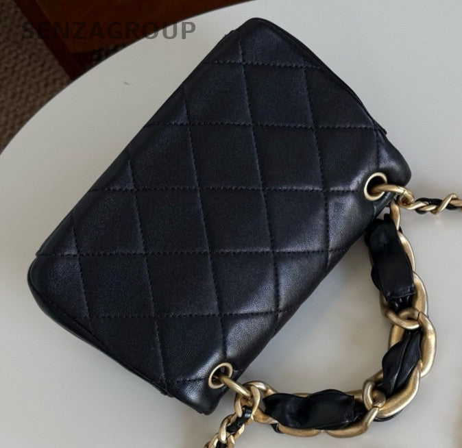 Chanel Diamond Mini Chain Top Handle Bag Crossbody Black Gold Used Women Classic