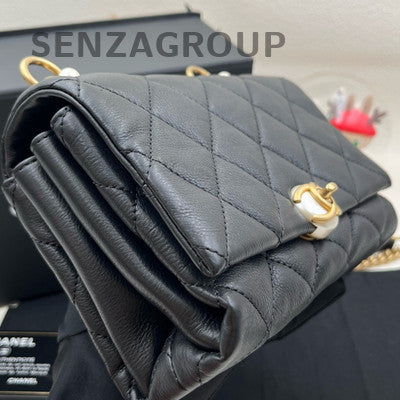 Chanel Classic Flap Black Gold Pearl Chain Shoulder Bag Quilted Women Fashion