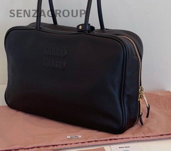 MiuMiu Beau Calfskin Satchel Top Handle Bag Black Gold Unisex Adults Classic