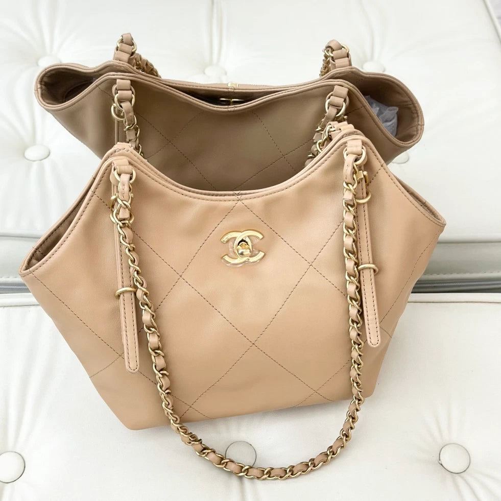 Chanel Tote Mini Calfskin Chain Shoulder Bag Beige Gold Hardware Women S