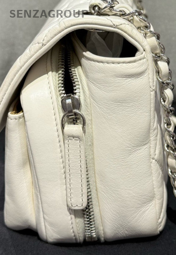 Chanel Classic Flap Chain Shoulder Bag Crossbody White Silver Women Designer