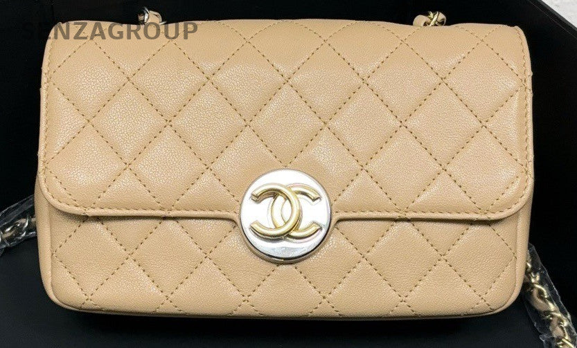 Chanel Classic Flap Mini Diamond Chain Shoulder Bag Beige Used Women Designer