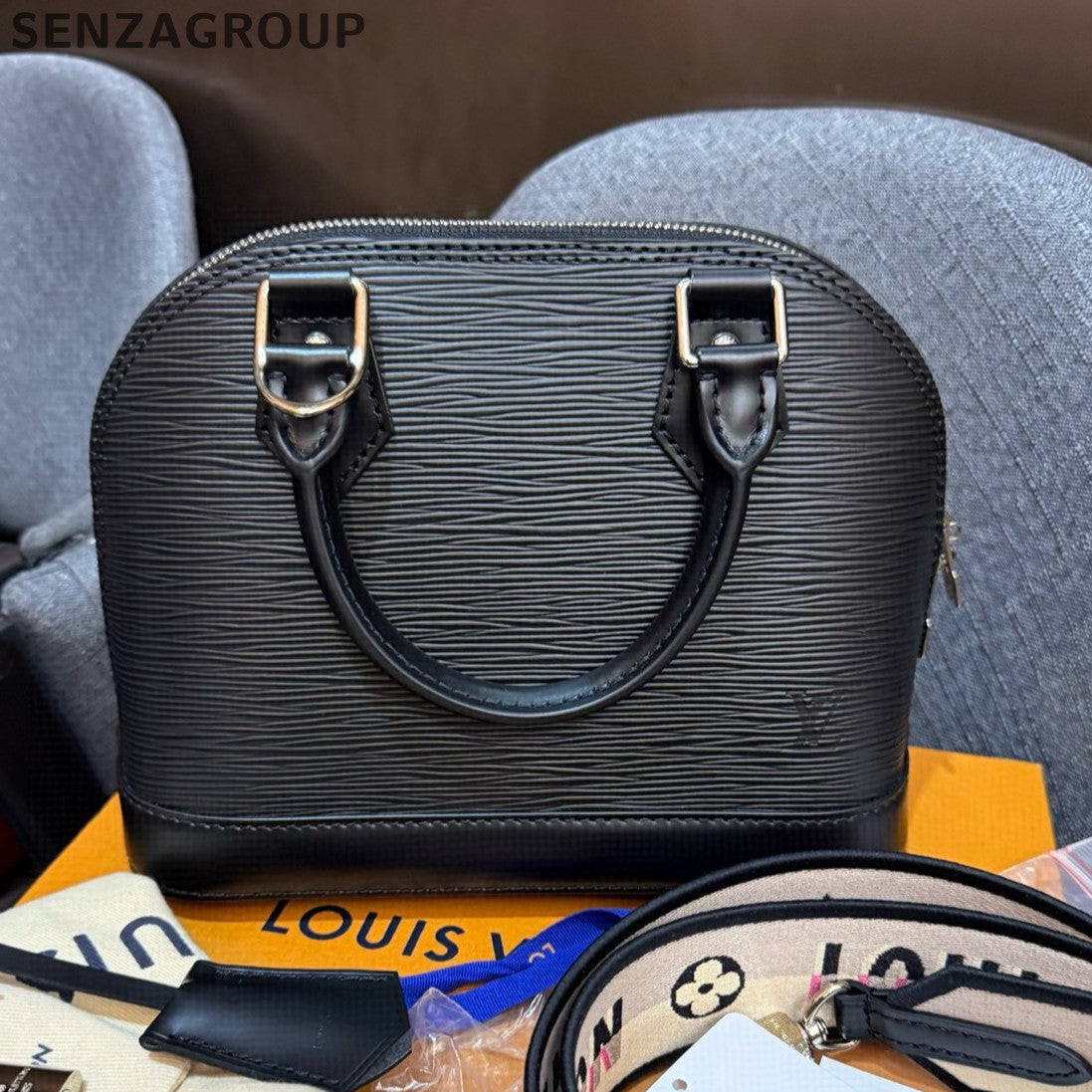 Louis Vuitton Alma BB Epi Leather Black Silver Tote Shoulder Bag Women