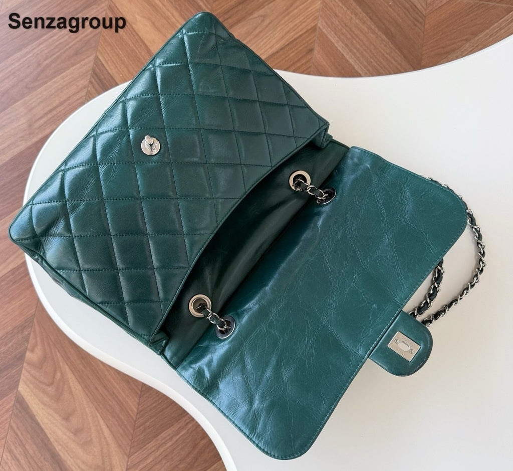 Chanel Diamond Chain Top Handle Shoulder Crossbody Green Silver Women Classic