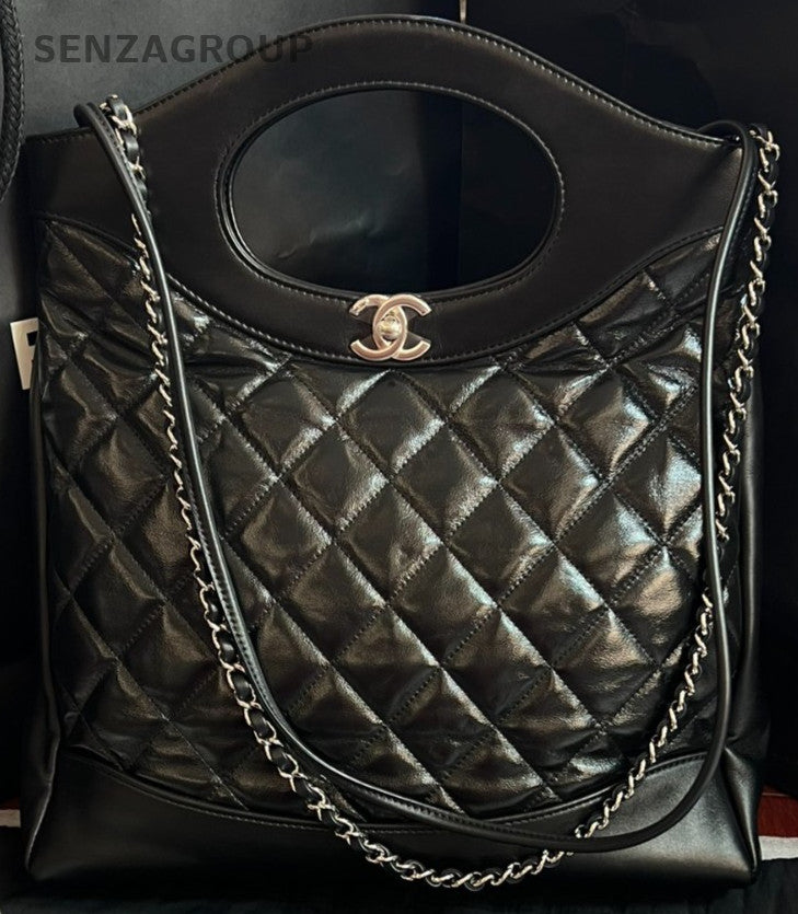 Chanel 31 PM Lambskin Diamond Top Handle Bag Chain Crossbody Black Silver Women