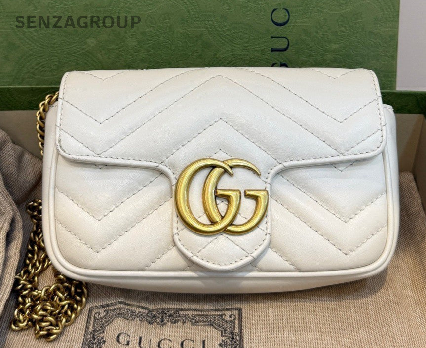 Gucci Marmont Mini Chain Crossbody Shoulder Bag White Gold Women Classic