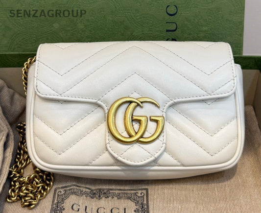 Gucci Marmont Mini Chain Crossbody Shoulder Bag White Gold Women Classic