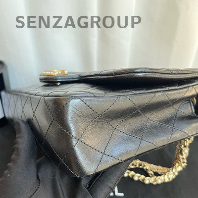 Chanel Classic Flap Quilted Pearl Chain Shoulder Bag Black Gold Hardware