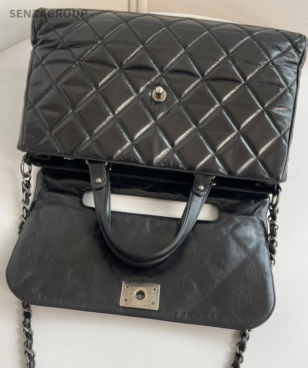 CHANEL Briefcase Top Handle Oil waxed leather Chain Shoulder Handbag Women Black