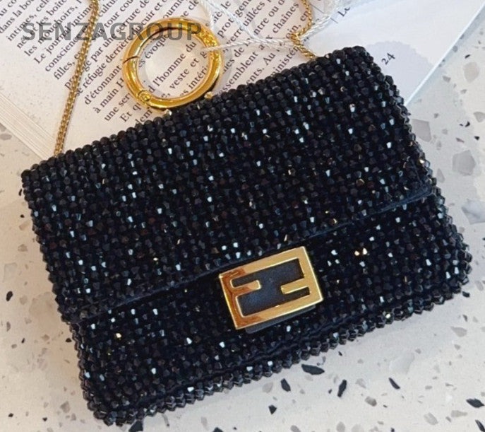 Fendi nano baguette Black beaded string Purse Chain Shoulder bag Crossbody