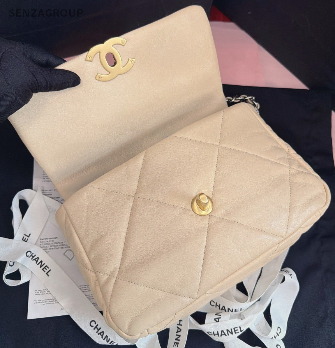 Chanel 19Bag Diamond PM Chain Shoulder Bag Beige Gold Women Classic Fashion