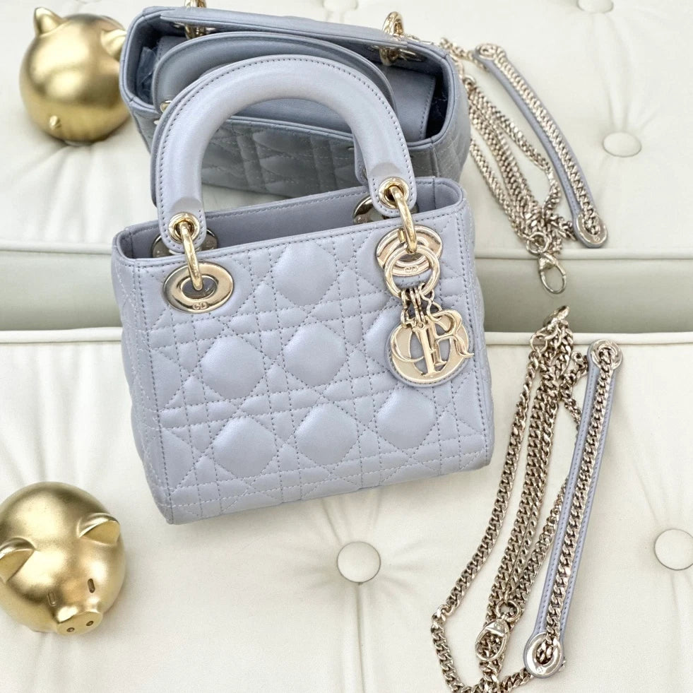 Dior Lady Dior Gray Top Handle Chain Bag Excellent