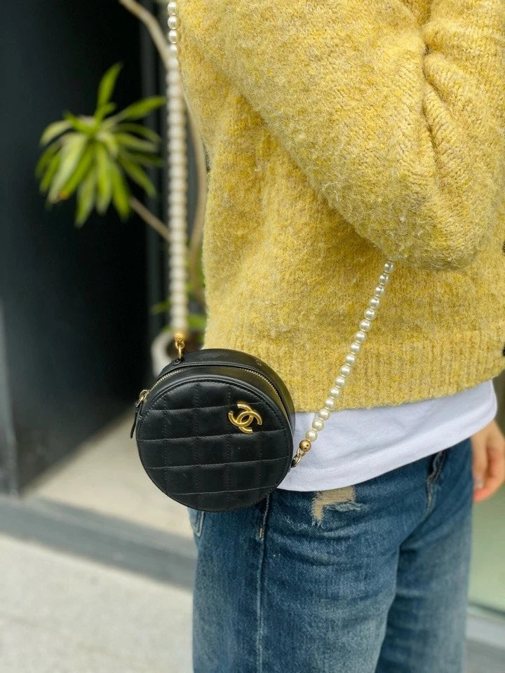 CHANEL Quilted Leather Round Pearl Chain Crossbody Bag For Women