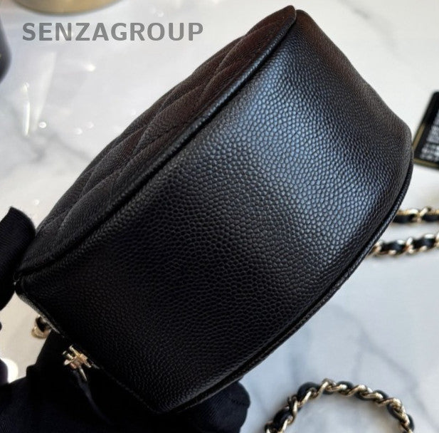 Chanel Caviar Leather Mini Round Flap Shoulder Crossbody Bag Black Women