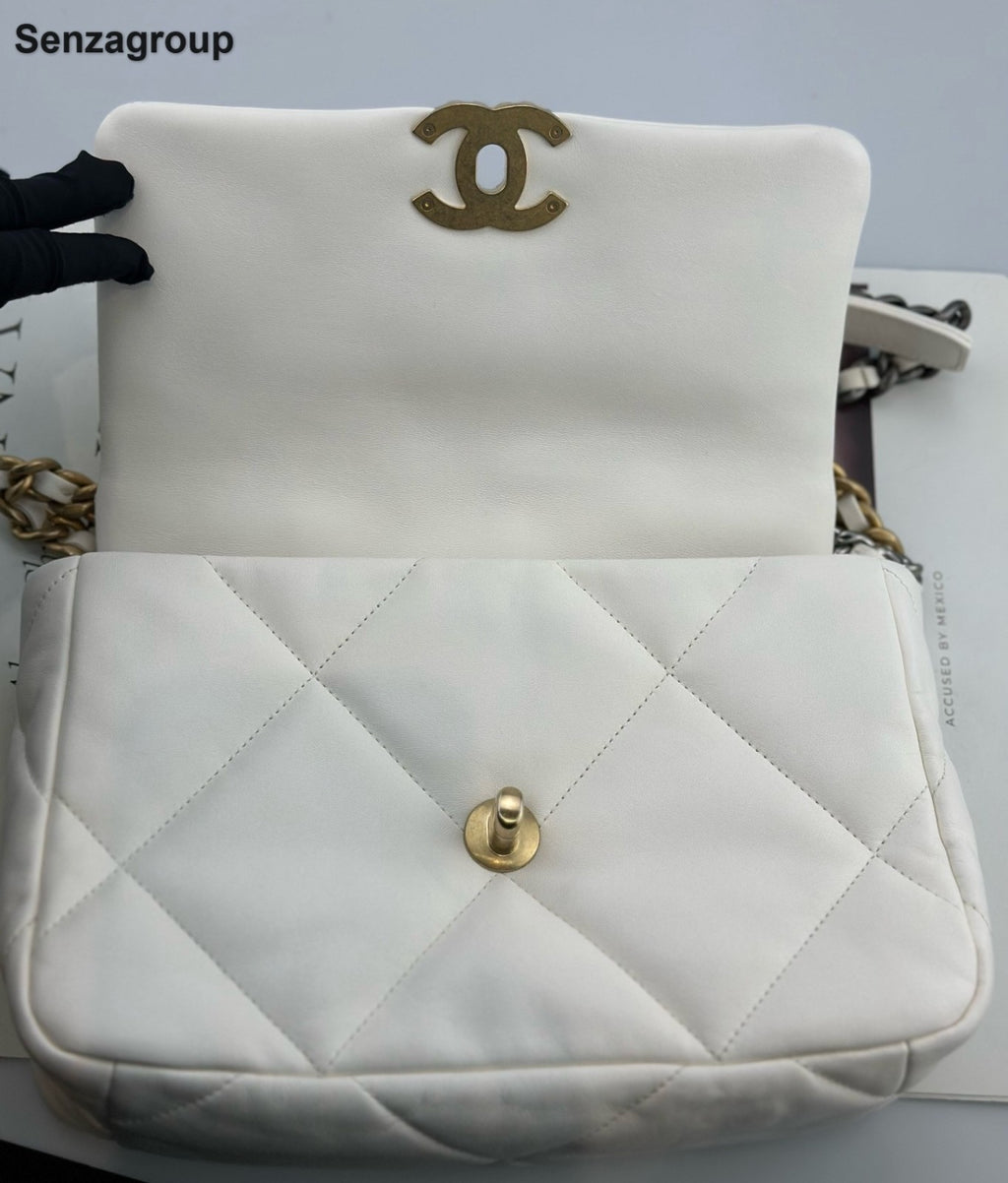Chanel 19Bag PM Chain Top Handle Shoulder Crossbody White Gold Women Classic