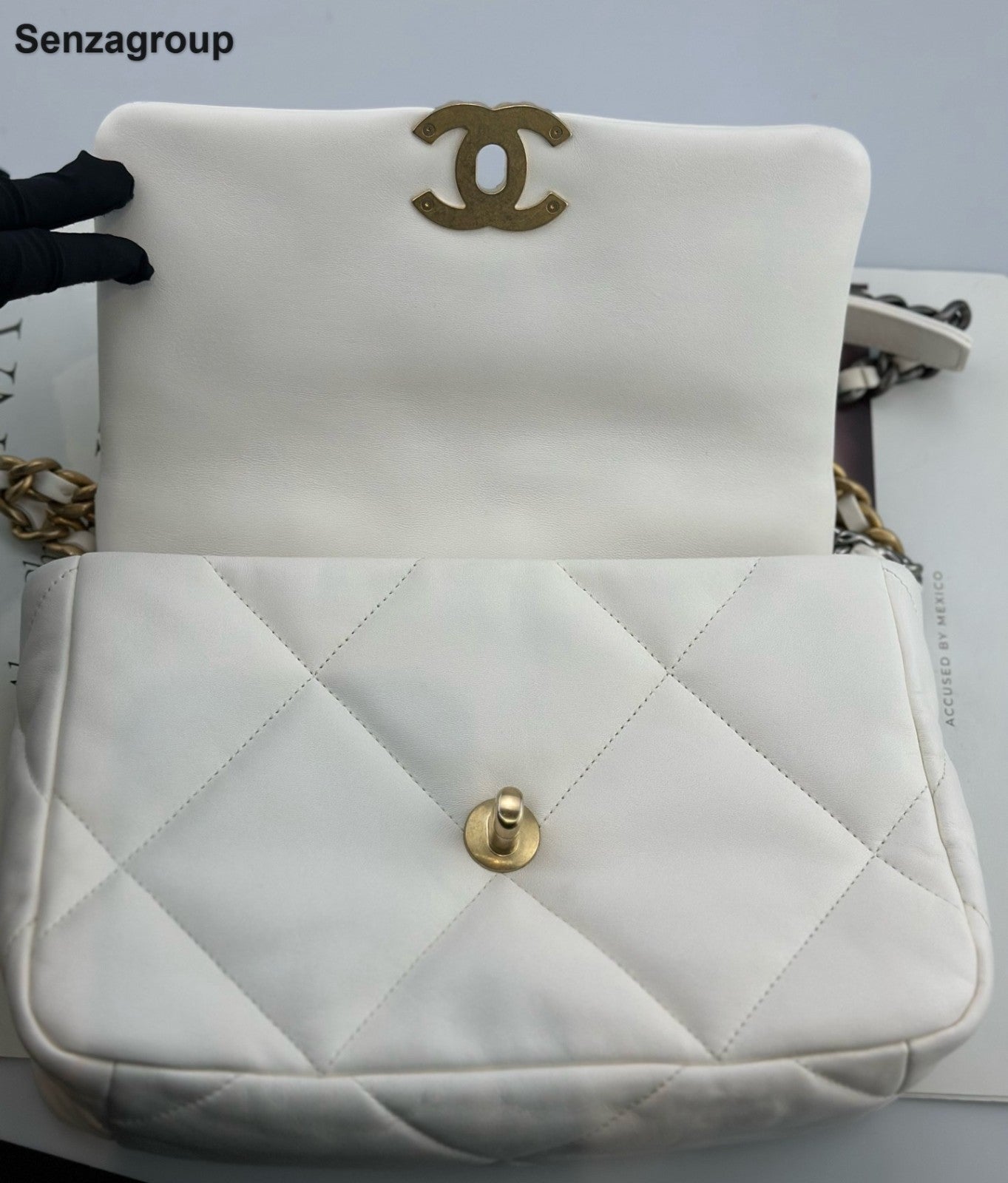 Chanel 19Bag PM Chain Top Handle Shoulder Crossbody White Gold Women Classic