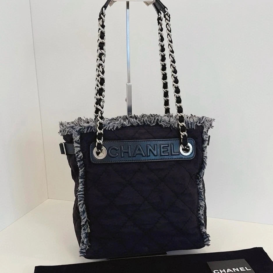 Chanel Deauville PM Chain Shoulder Bag Black Silver Women Classic