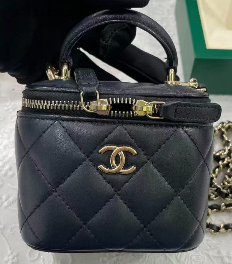 Chanel Lambskin Top Handle Bag Chain Crossbody Black Gold Women Designer