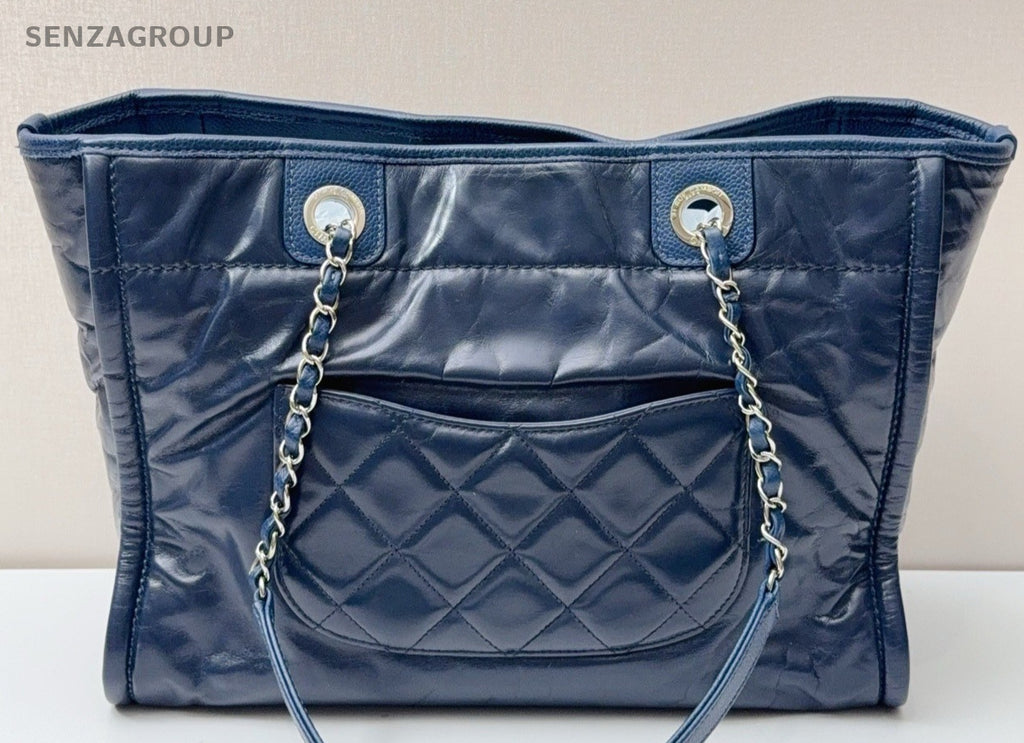 Chanel Deauville Calfskin Tote Chain Shoulder Bag Blue Silver Women Classic