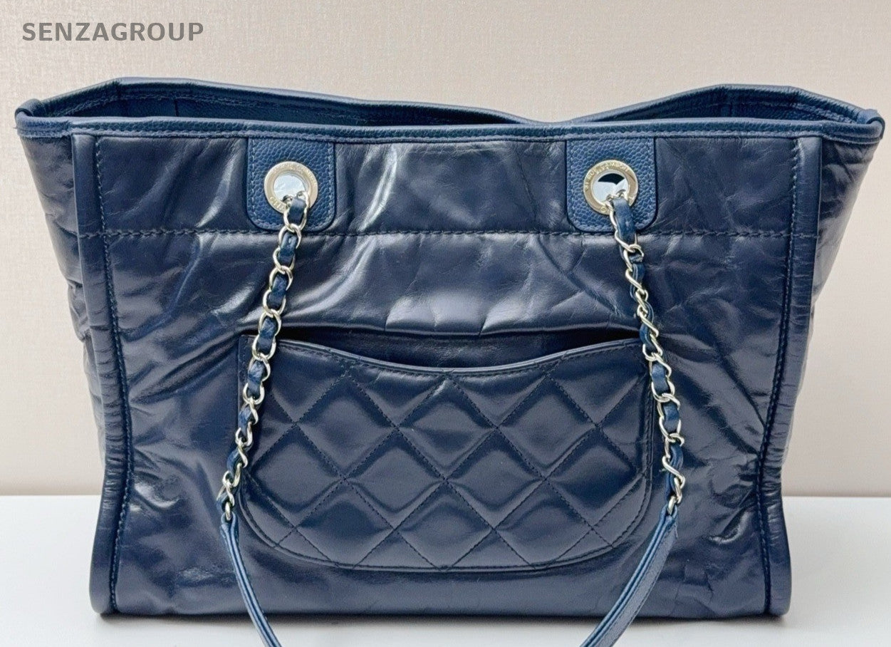 Chanel Deauville Calfskin Tote Chain Shoulder Bag Blue Silver Women Classic