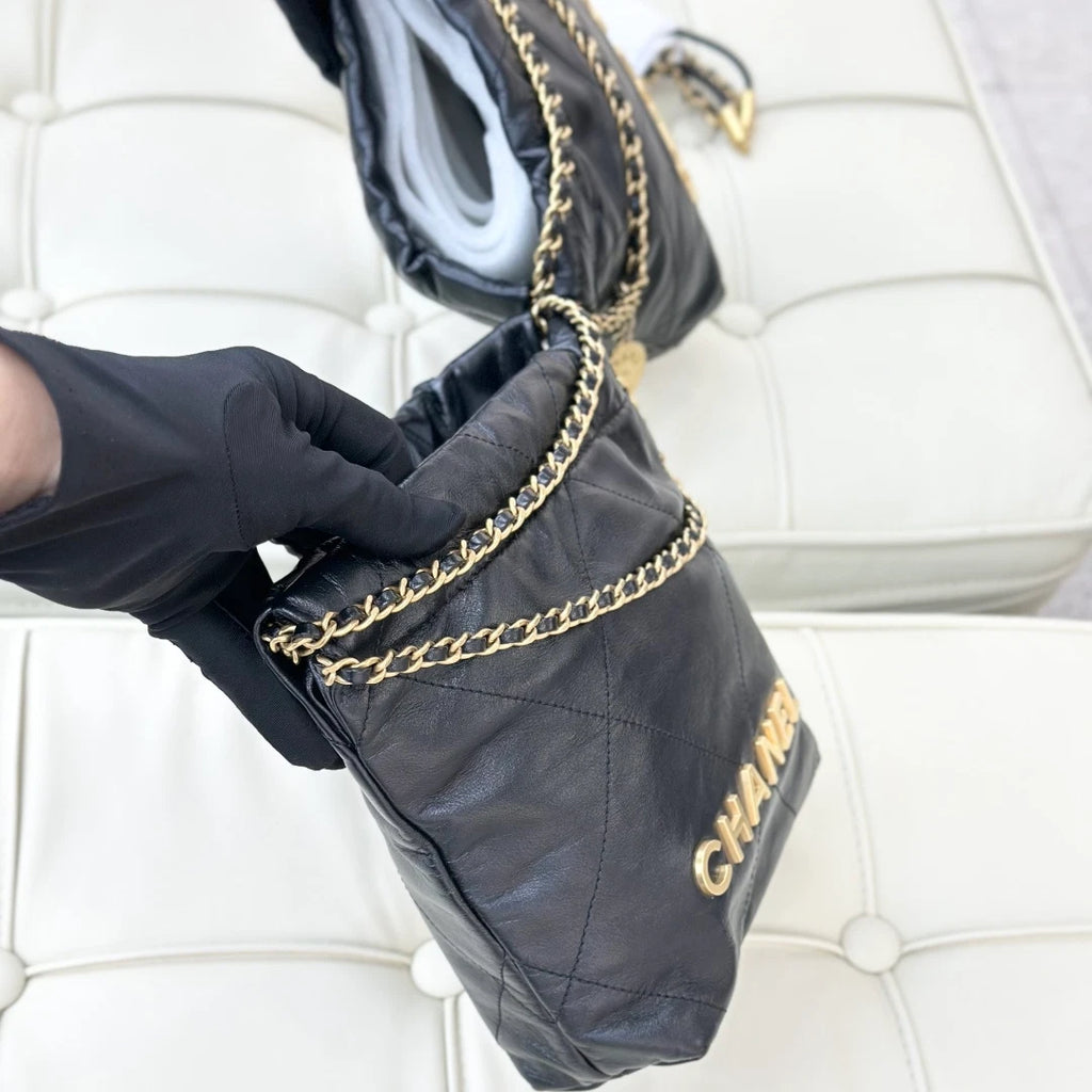 Chanel 22Bag Mini Chain Calfskin Shoulder Bag Black Gold Hardware Women S