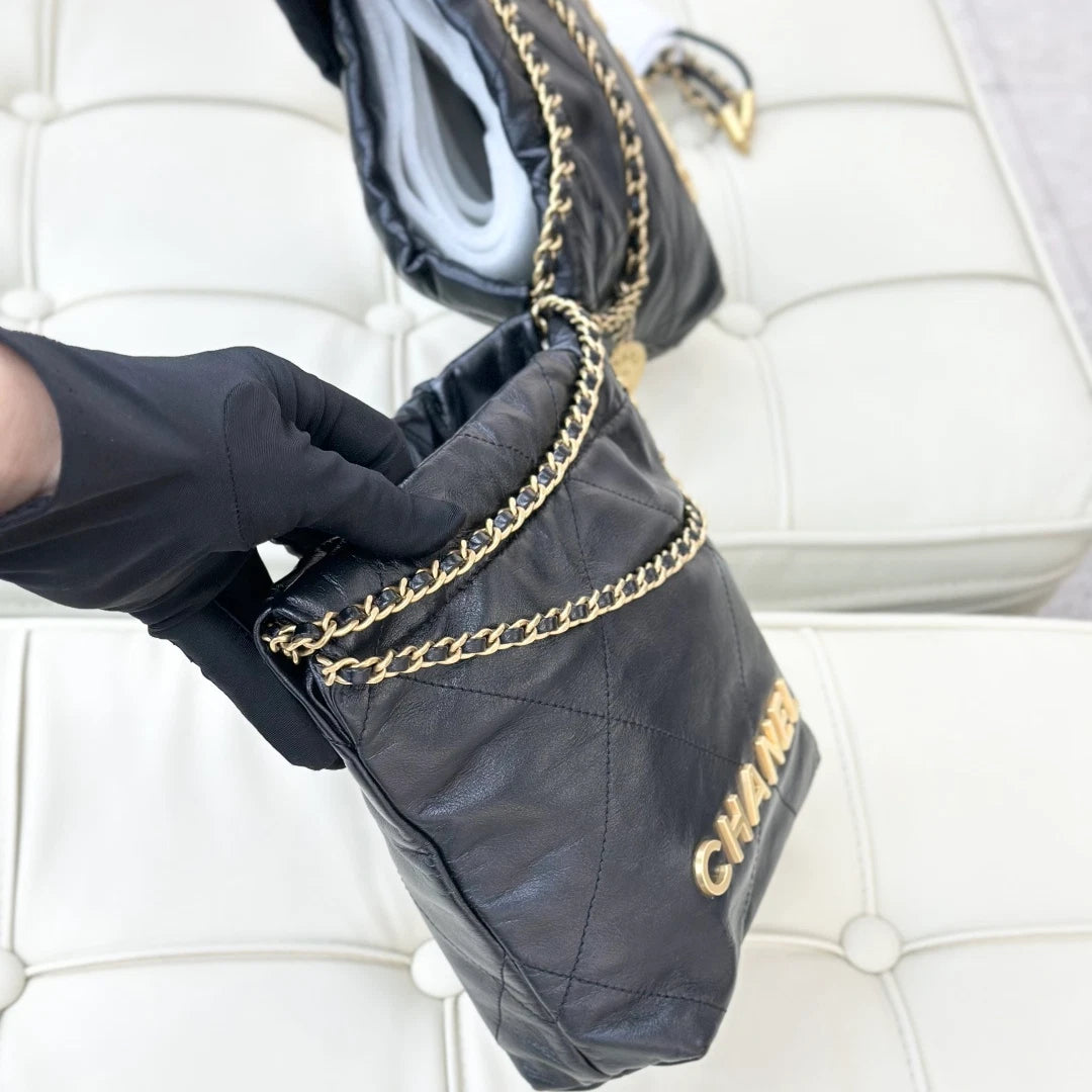 Chanel 22Bag Mini Chain Calfskin Shoulder Bag Black Gold Hardware Women S
