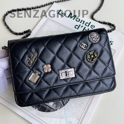 Chanel Badge WOC Black Silver Calfskin Chain Crossbody Bag Women