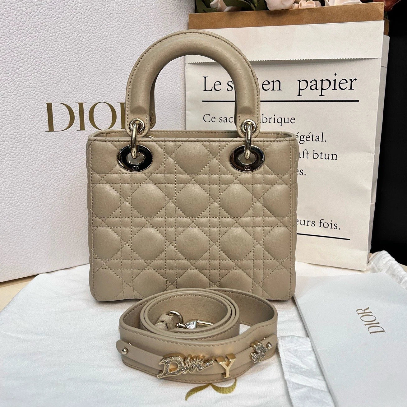 Dior Lady Dior Lambskin Beige Crossbody Handbag Excellent