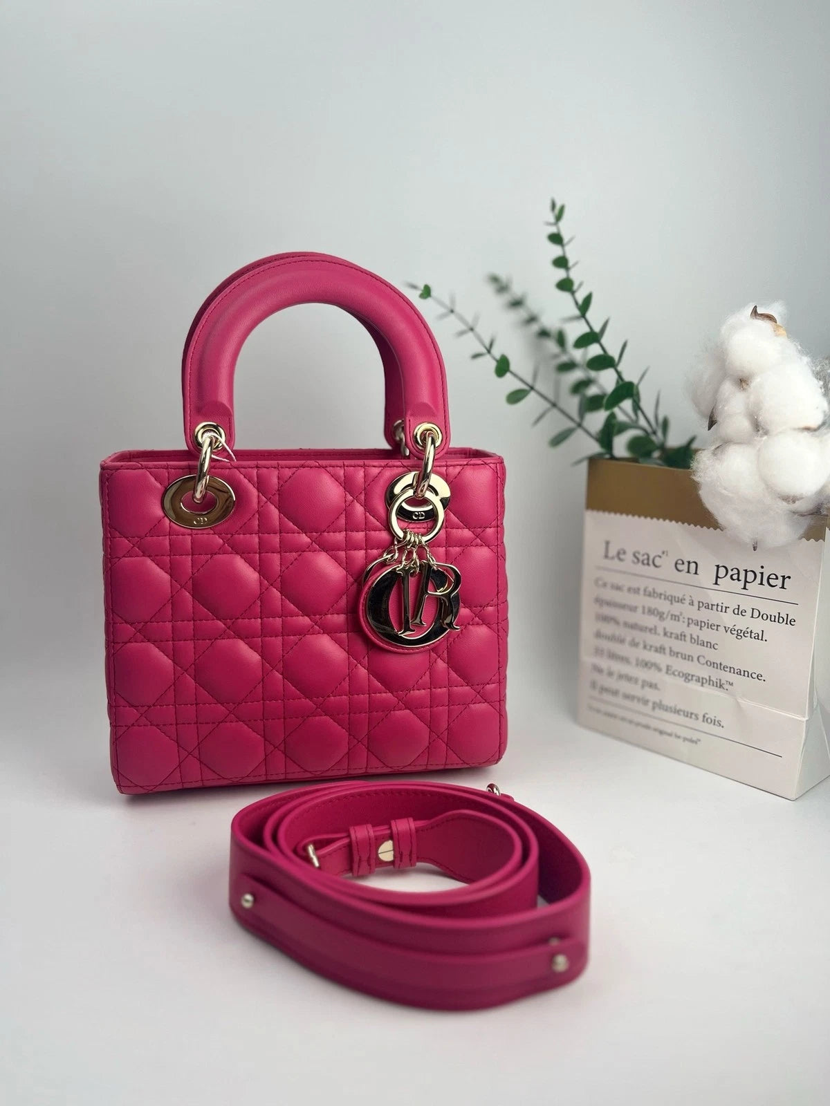 Dior Pink Calfskin Lady Dior 4-Grid Shoulder Bag For Women