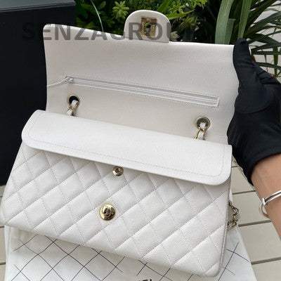 Chanel Classic Flap Medium Quilted Chain Shoulder Bag in White Gold