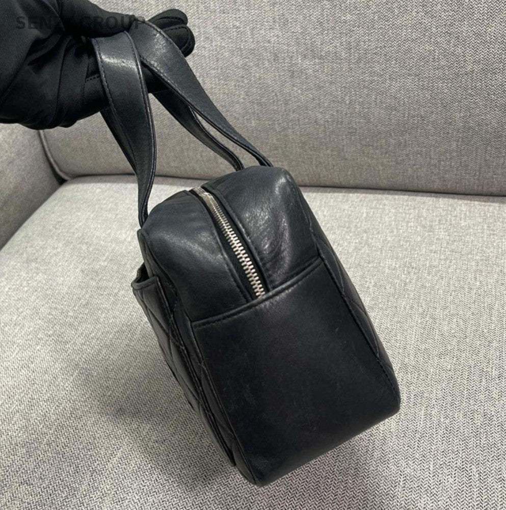 CHANEL Vintage Diamond Pattern Top Handle Handbag Black Classic Women
